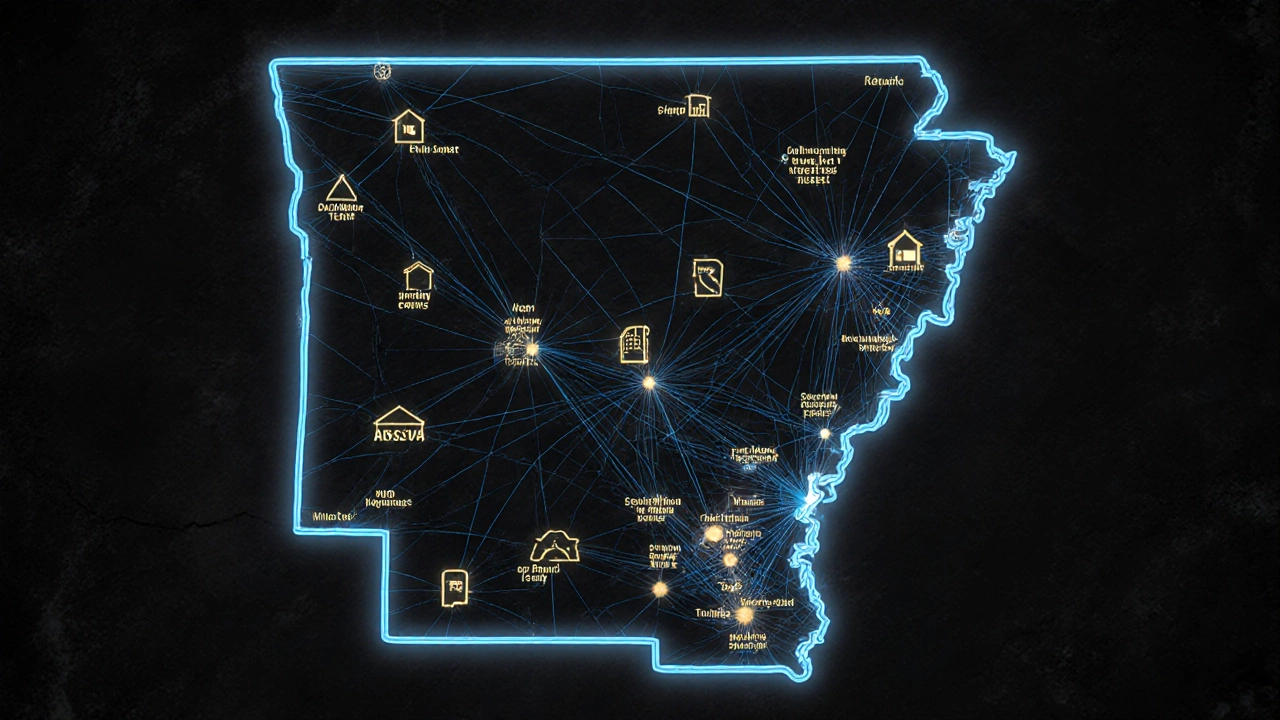 A map of Arkansas showing connected homeless support programs across the state.