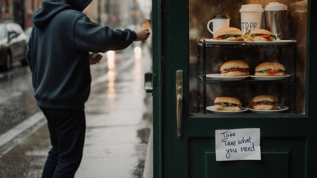 A quiet café doorstep with free food and coffee available for anyone in need.