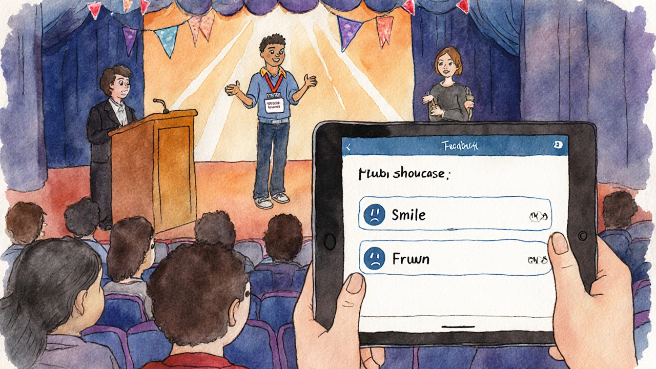 Club members present projects on stage, a mentor badge and a feedback tablet are visible.