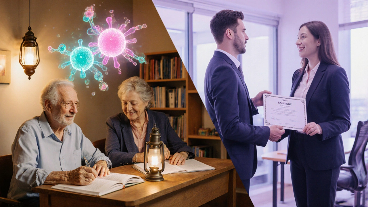 Collage showing a literacy class, glowing oxytocin symbols, and a corporate promotion scene representing mental health and career growth.