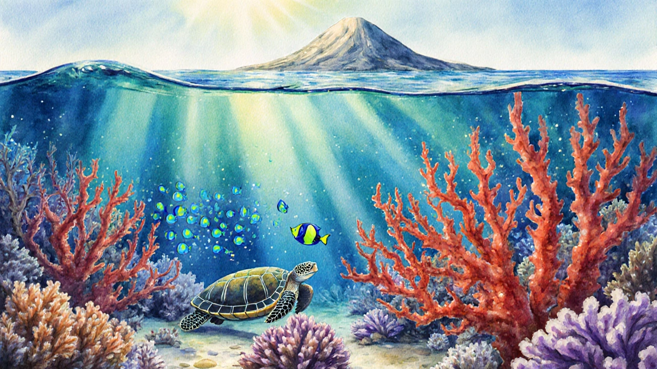 Colorful coral reef with fish, turtle, and sunlight filtering through clear water.