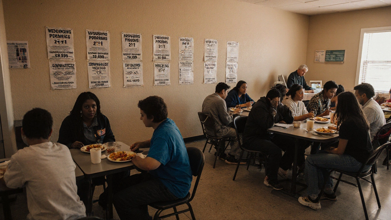 Diverse people eating breakfast at a shelter, with case managers assisting nearby.