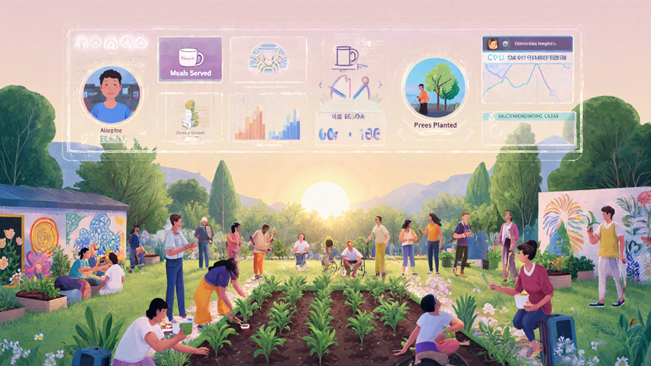 Diverse volunteers working in a community garden under a glowing impact‑metric dashboard.