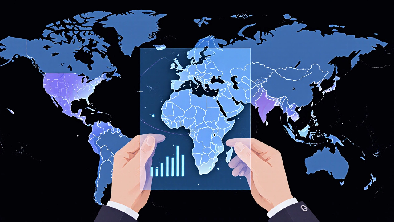 Donor reviewing a glowing translucent report over a dark world map.