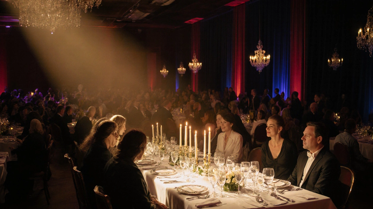 Elegant gala with a VIP table of distinguished guests under warm spotlight.