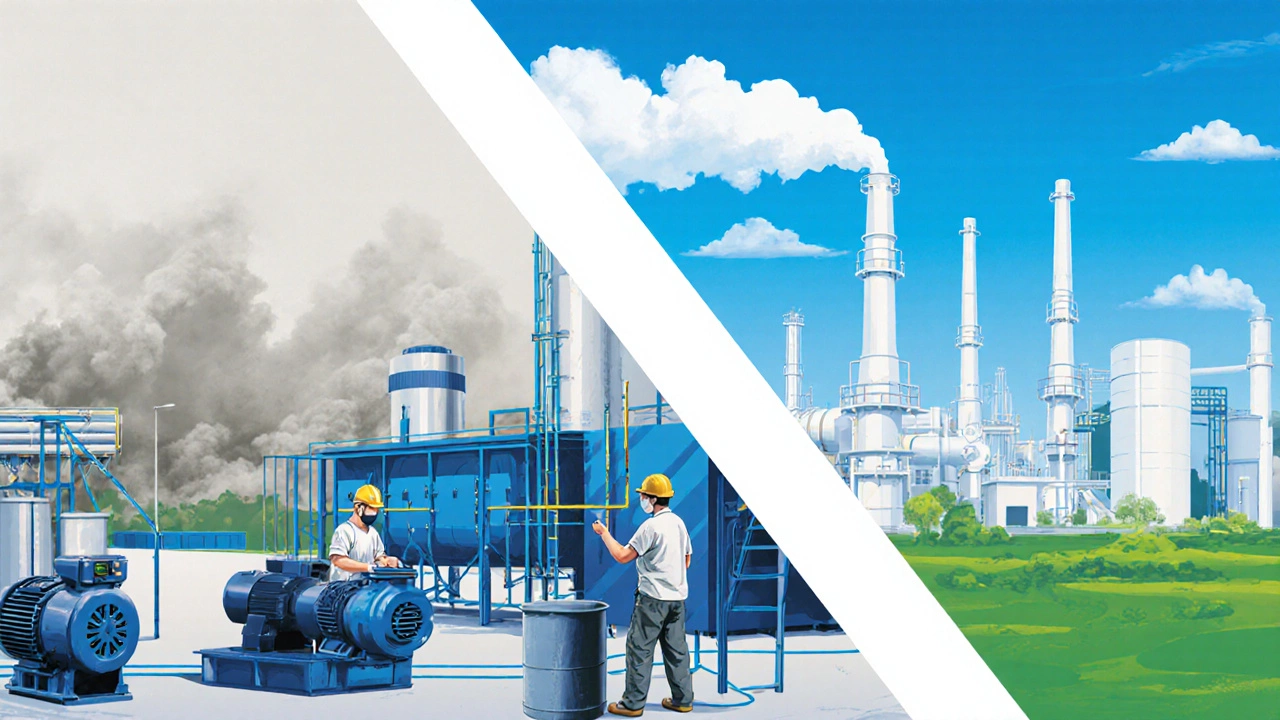 Factory using water‑based paints, efficient motors, and scrubbers showing clean sky.