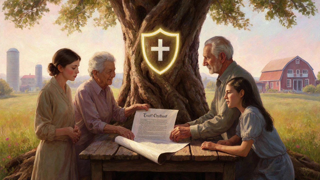 Family gathering around a trust deed under an oak tree, symbolizing legacy.