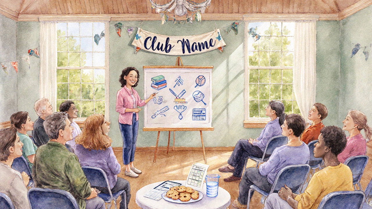 First club meeting in a bright community hall with diverse participants and banner.