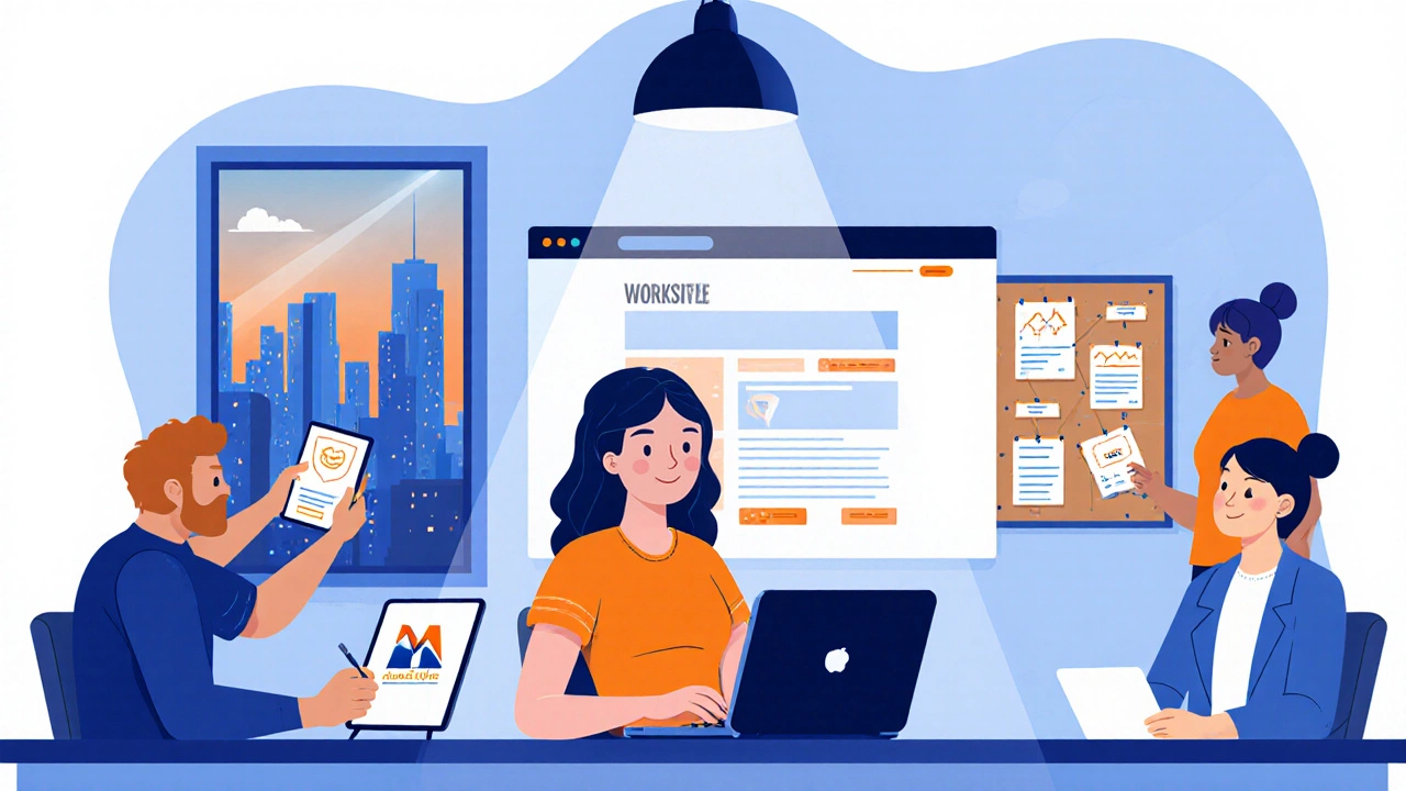 Flat‑design illustration of a volunteer presenting a nonprofit website, surrounded by teammates and a mentor in a bright coworking space.