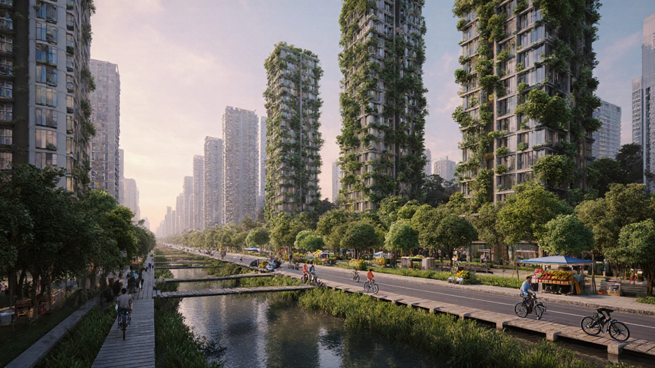 Futuristic city with green roofs, vertical gardens, wetland park and people enjoying nature.
