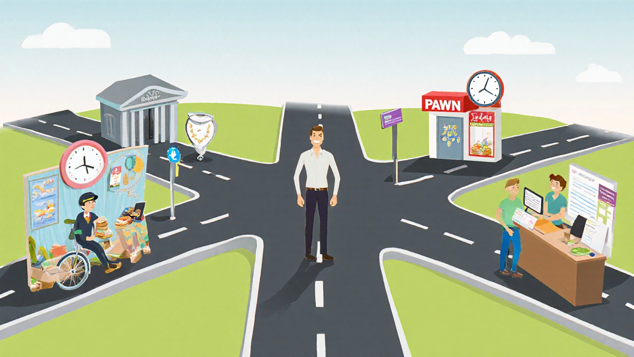 Illustrated crossroads showing different fast‑cash paths like bank, payday loan, pawnshop, gig work, online sale, and community aid.
