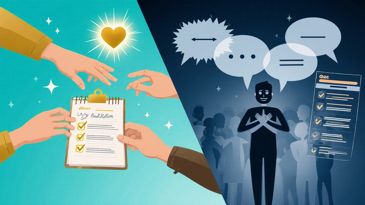 Illustration contrasting support group benefits in light with drawbacks in dark tones.