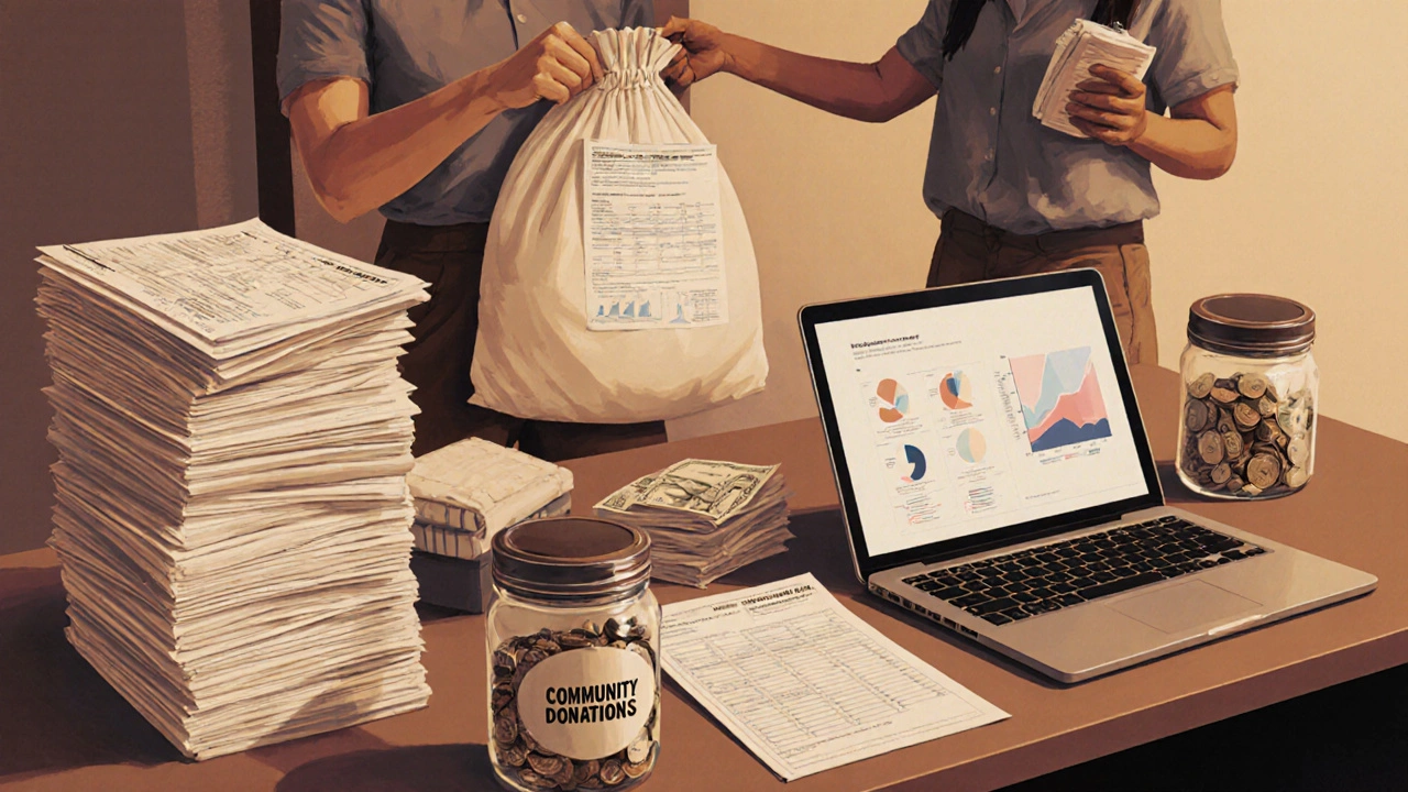 Illustration of a researcher reviewing tax forms while a volunteer brings donated clothing.
