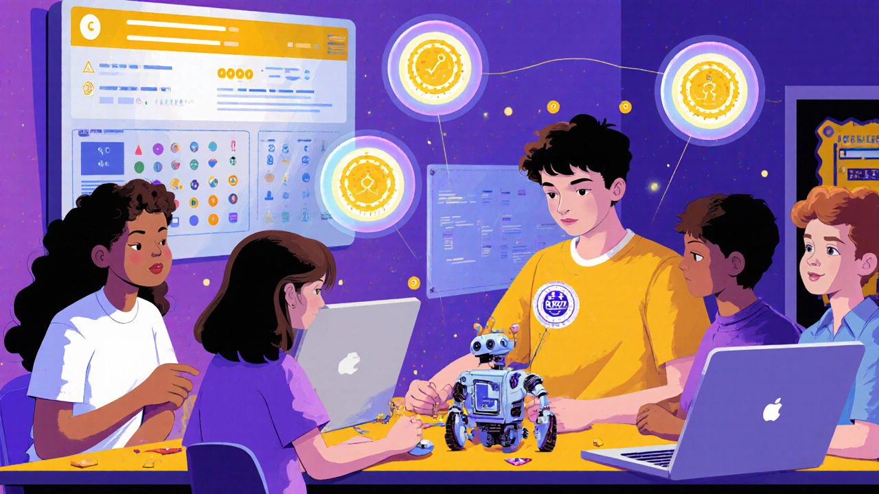 Kids build a robot with floating point and badge icons, a leaderboard on the wall.