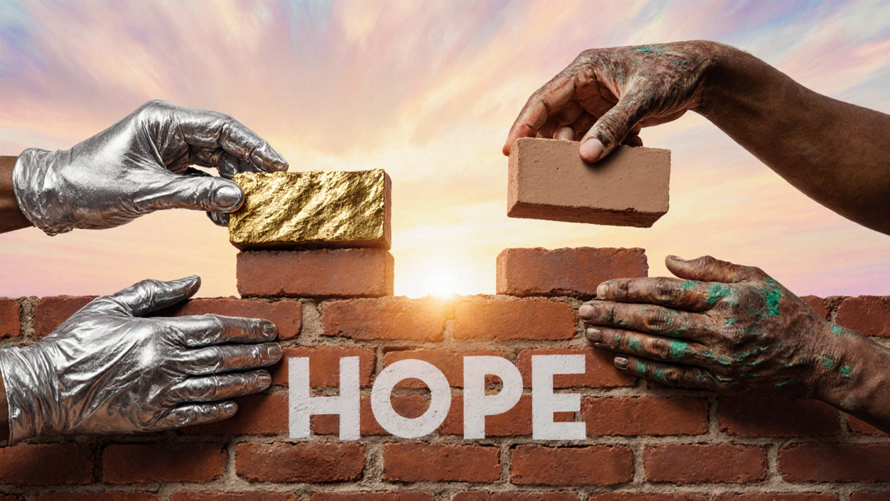Mural of diverse hands adding gold and clay bricks to a hopeful community building.