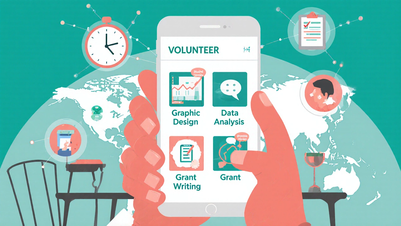 Person using a smartphone to browse skill‑based volunteer roles with micro‑volunteering icons surrounding.