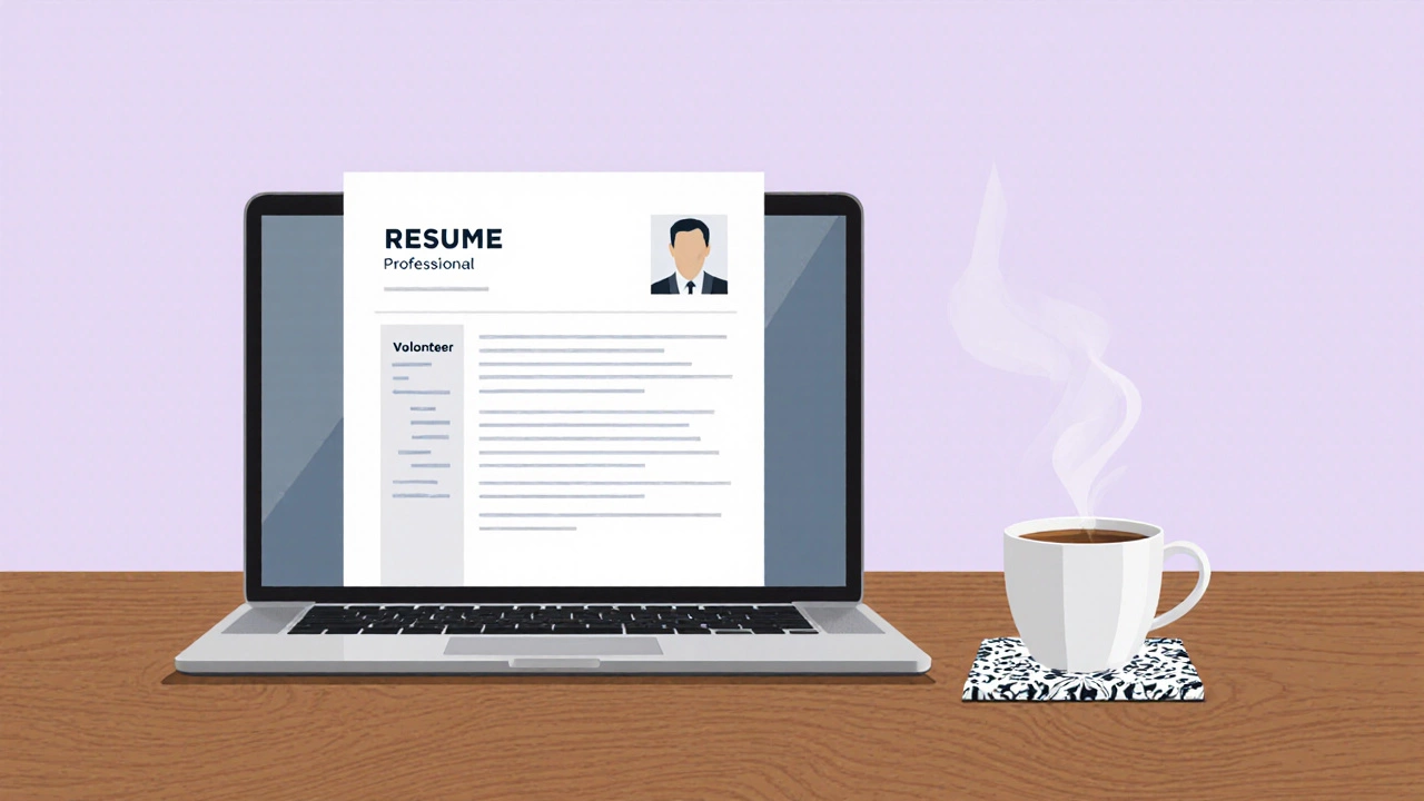 Professional résumé on a laptop highlighting volunteer experience, with a cup of chai nearby.