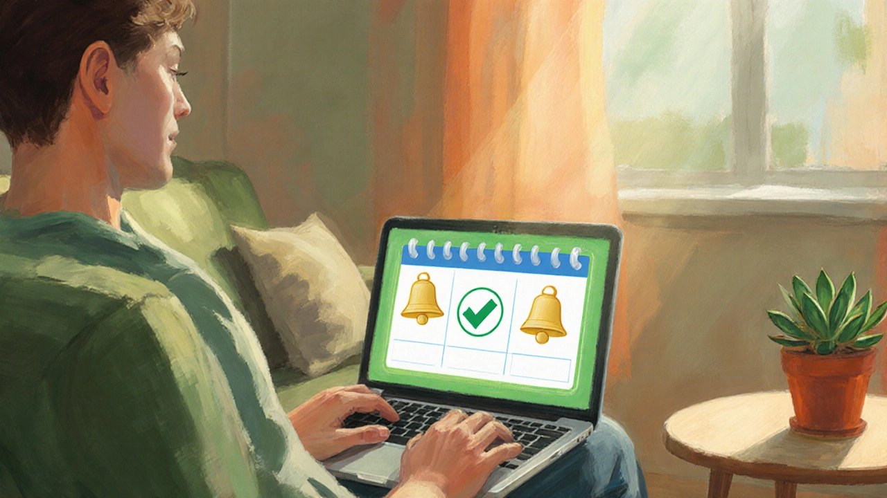 Relaxed individual reviewing loan repayment reminders on laptop, with a thriving plant nearby.