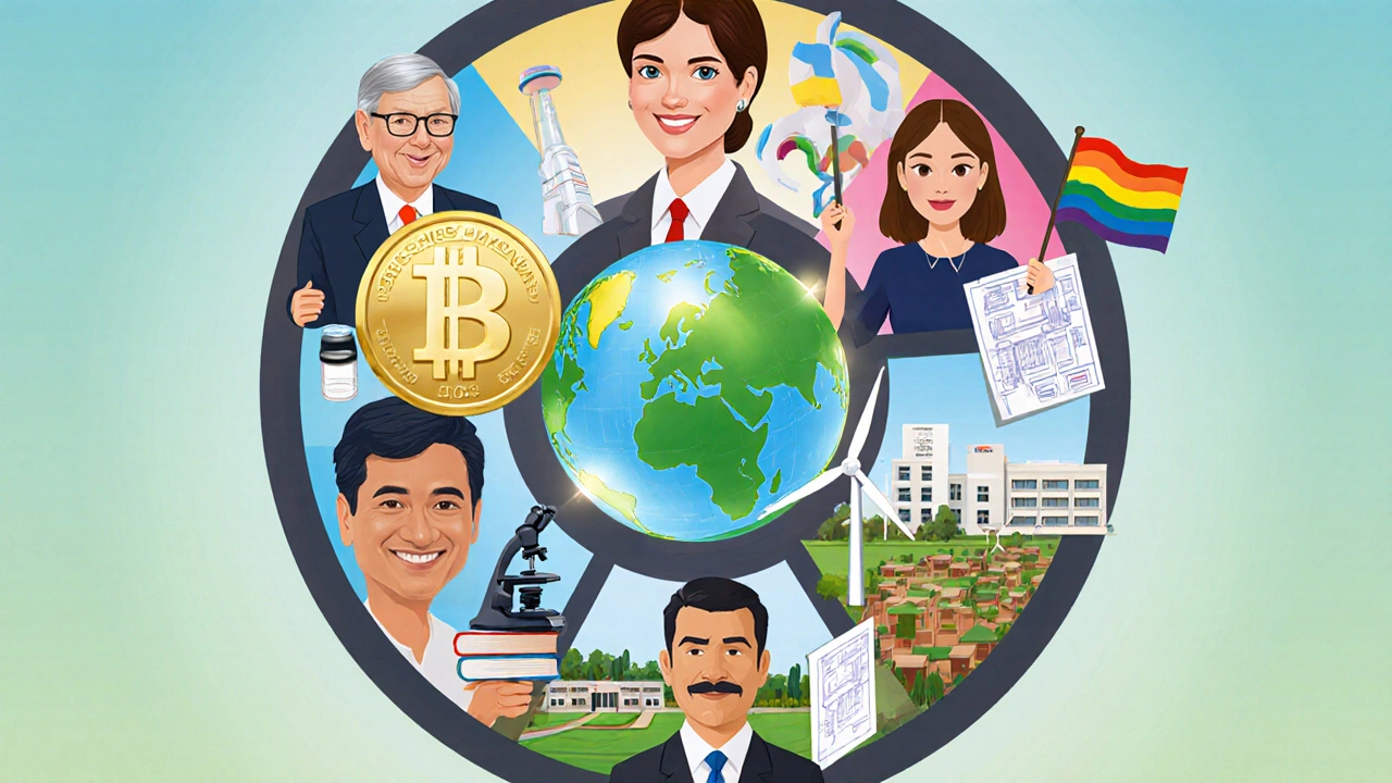 Roundtable of five billionaire portraits with symbols of their charitable focus.