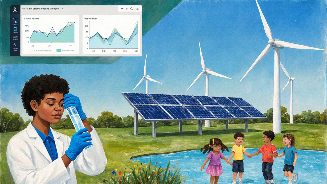 Scene of scientists, children, renewable energy, and data dashboard showing philanthropy impact.