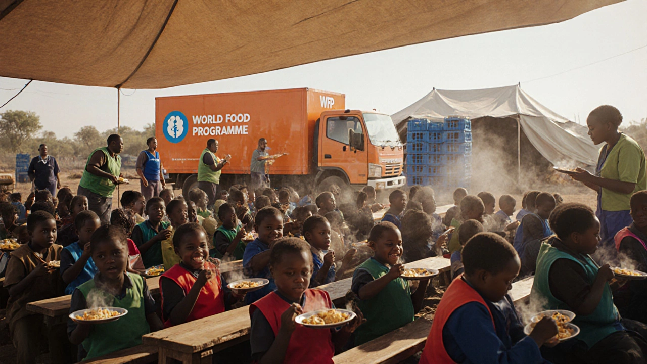 School feeding scene with children receiving meals from World Food Programme volunteers.