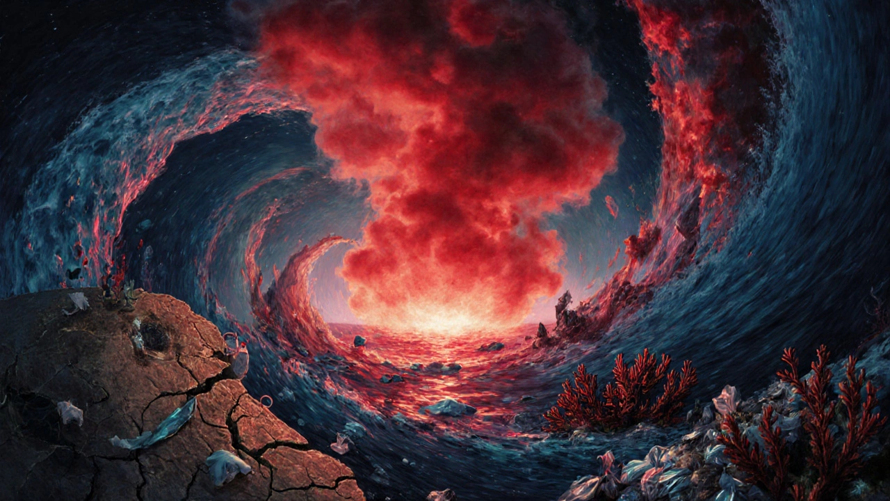 Spiraling vortex of climate crises centered on a glowing CO2 cloud.