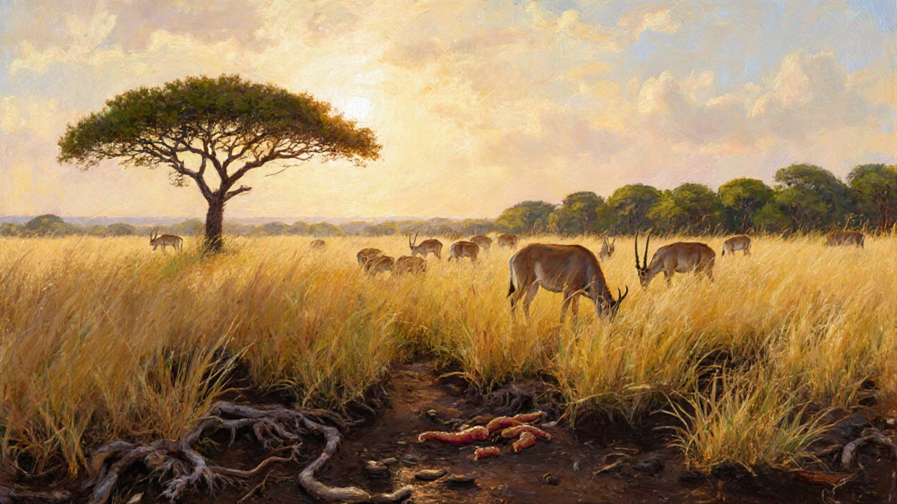 Sunlit savanna with grasses, acacia tree, grazing antelope, and visible soil roots.