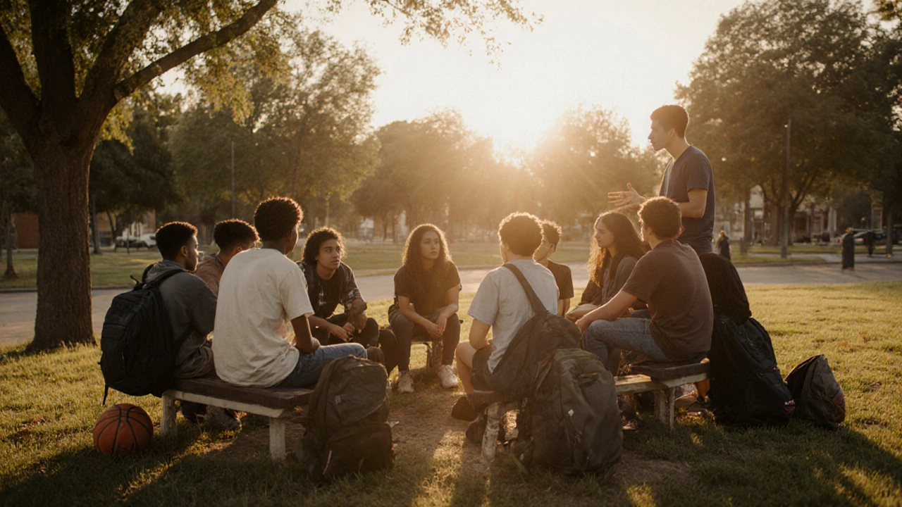 Teens in a circle on a park bench, listening closely during an honest conversation.