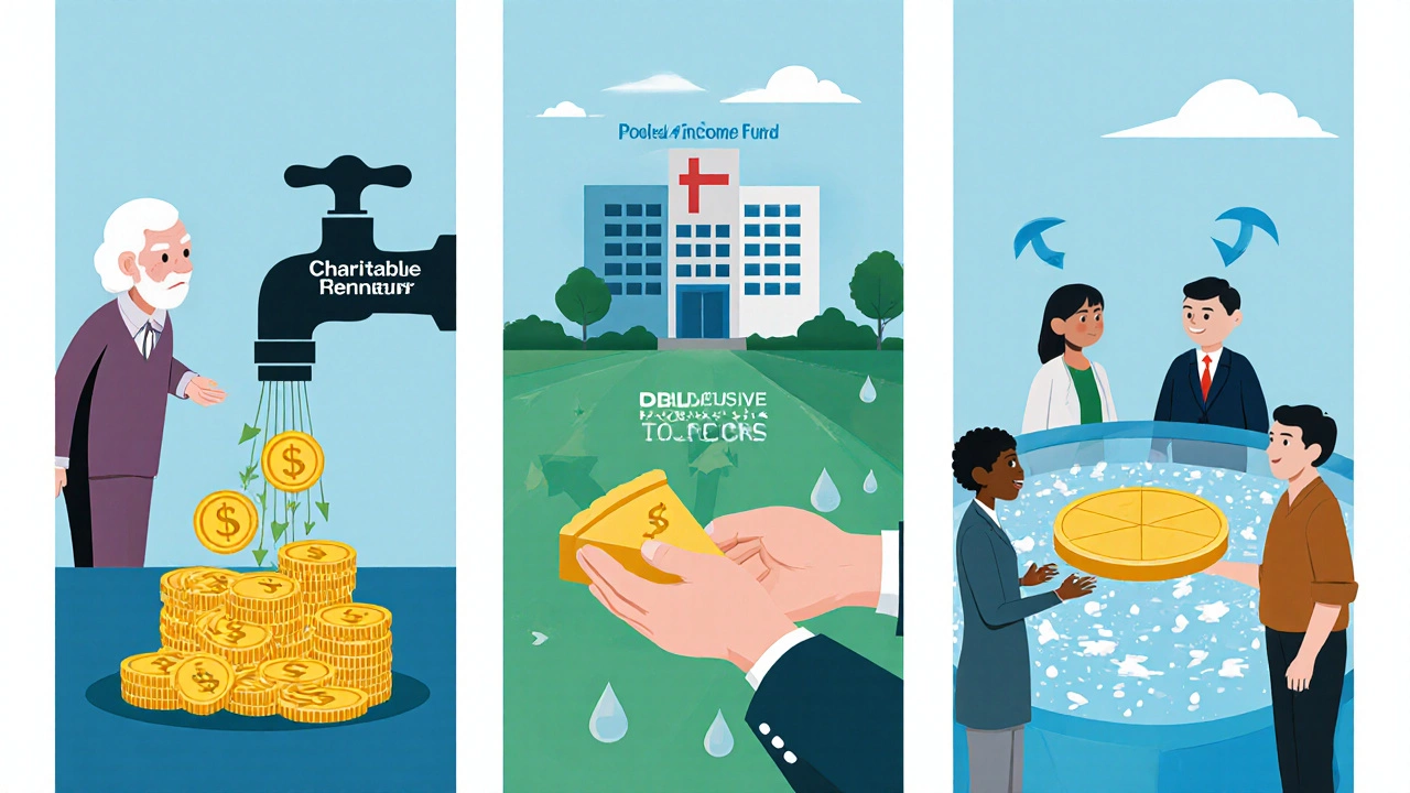 Three-panel illustration showing CRT, CLT, and Pooled Income Fund concepts.