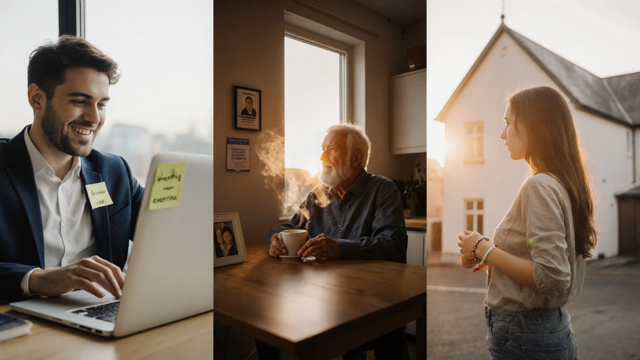 Three people feeling hopeful after support group sessions in different settings.