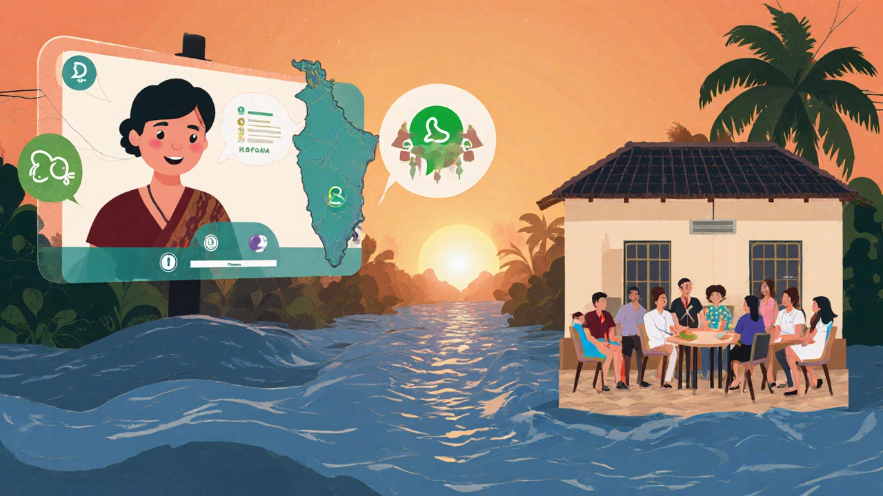 Virtual mentor assisting flood‑victims in Kerala via video chat, alongside an in‑person community gathering.