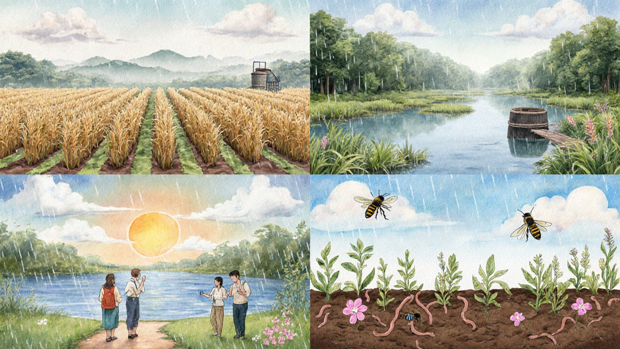 Watercolor split scene illustrating provisioning, regulating, cultural, and supporting services.