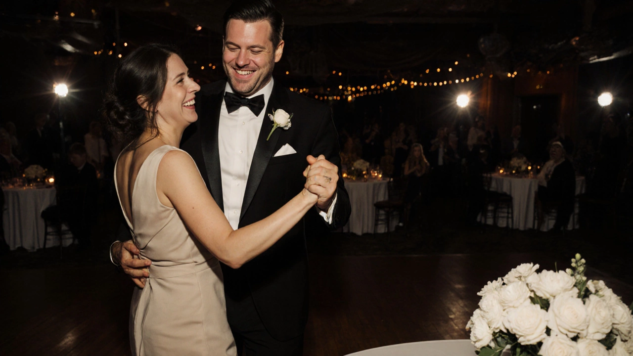 A CEO dancing with a volunteer on the gala dance floor, surrounded by soft lights and joy.