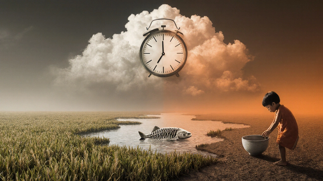A child reaches for an empty bowl as crops fail and saltwater invades farmland, symbolizing food crisis.