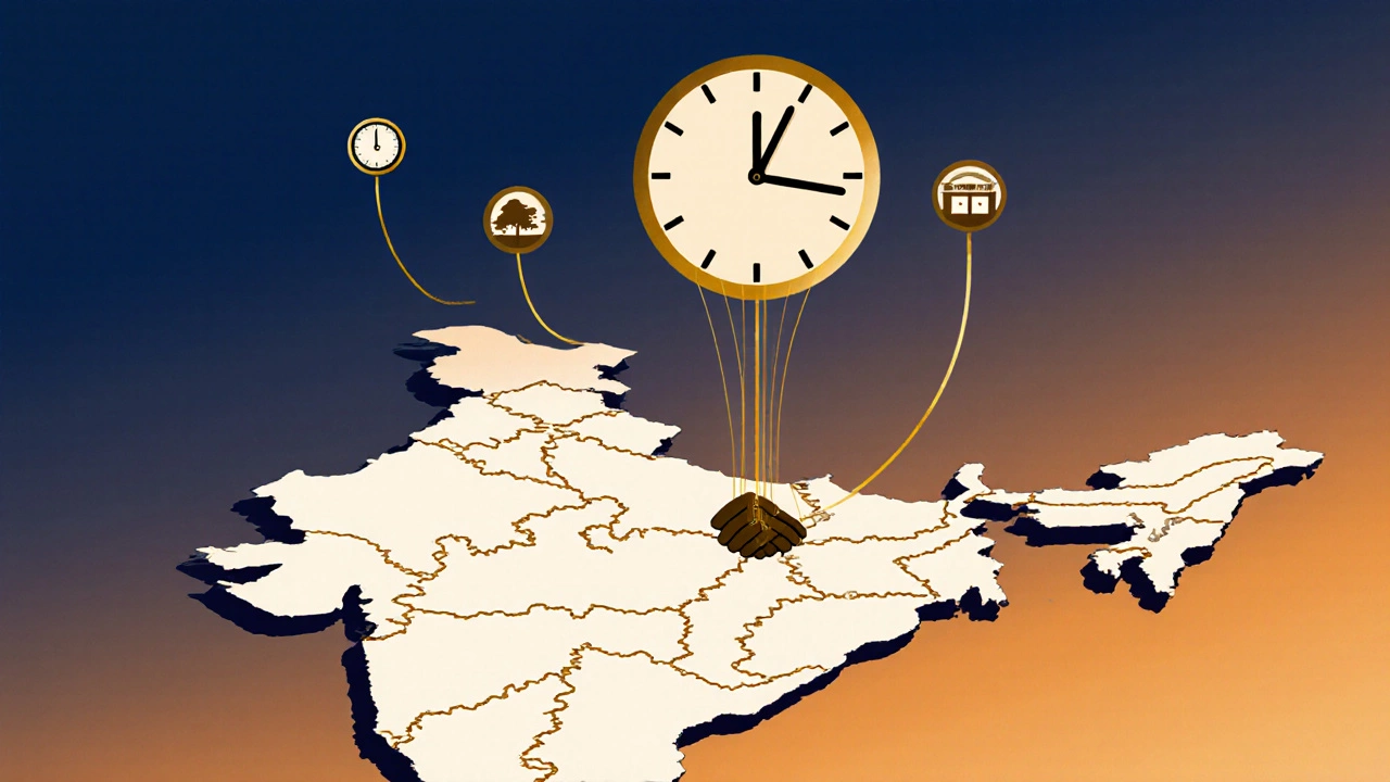 A clock with handshake hands sending golden threads to icons of education, nature, and food aid.