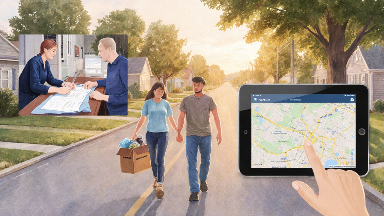 A housing specialist walks with a person in need through a Vermont neighborhood, helping them find a new home with landlord support.