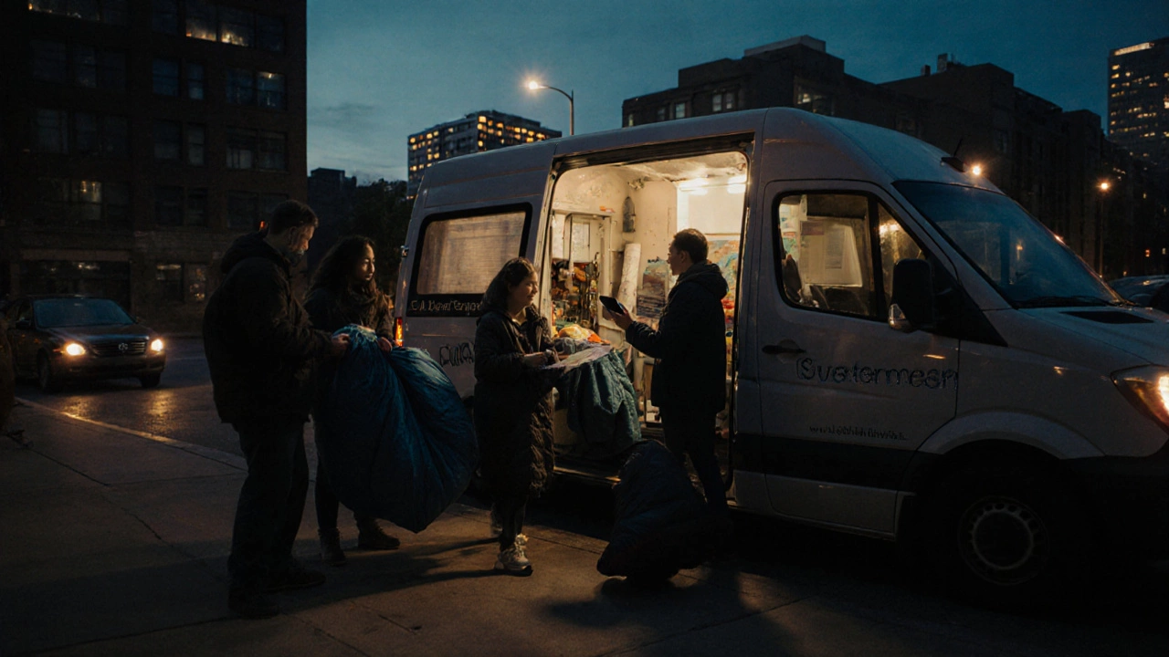 A mobile outreach van provides meals and blankets to homeless individuals at dusk in an urban setting.