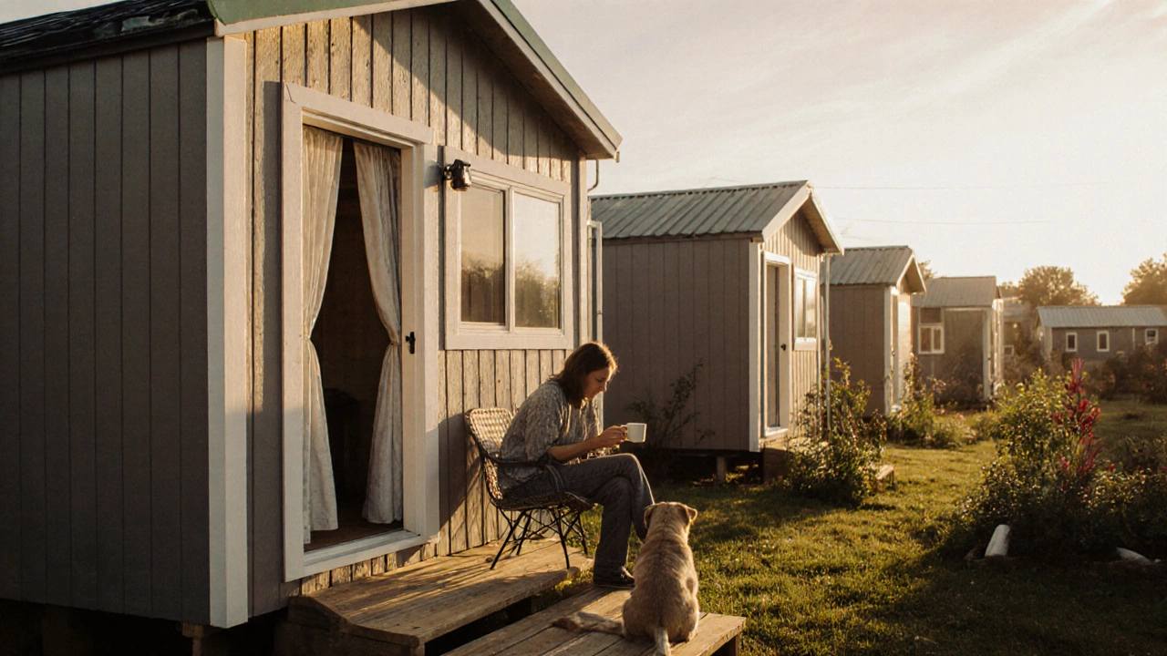A person sits outside a small, locked tiny home in a rural village with a dog, under soft morning sunlight.