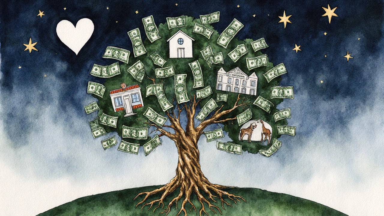 An abstract tree with financial roots and community branches symbolizing lasting charitable impact.