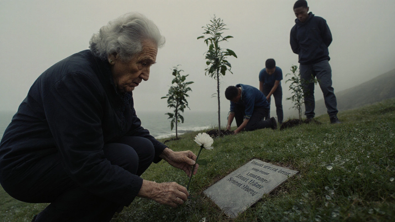 An elderly woman honoring a loved one by placing a flower at a memorial plaque while youth plant trees funded by their trust.