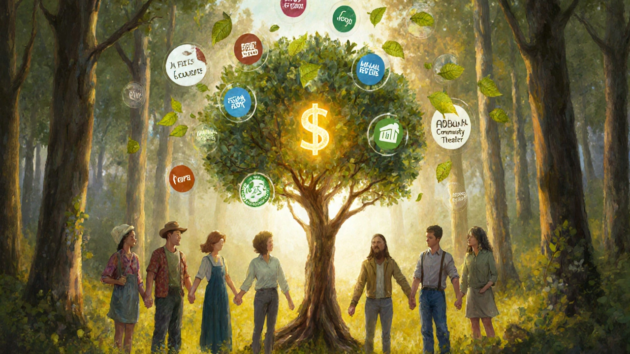 Diverse people holding hands around a tree-shaped symbol representing charitable giving and lasting impact.