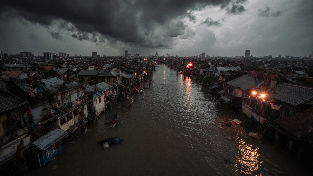 Flooded city during a typhoon, with people on rooftops amid rising water and stormy skies.