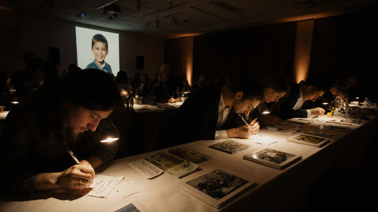 Guests quietly bidding on luxury items at a silent auction with emotional projections in the background.