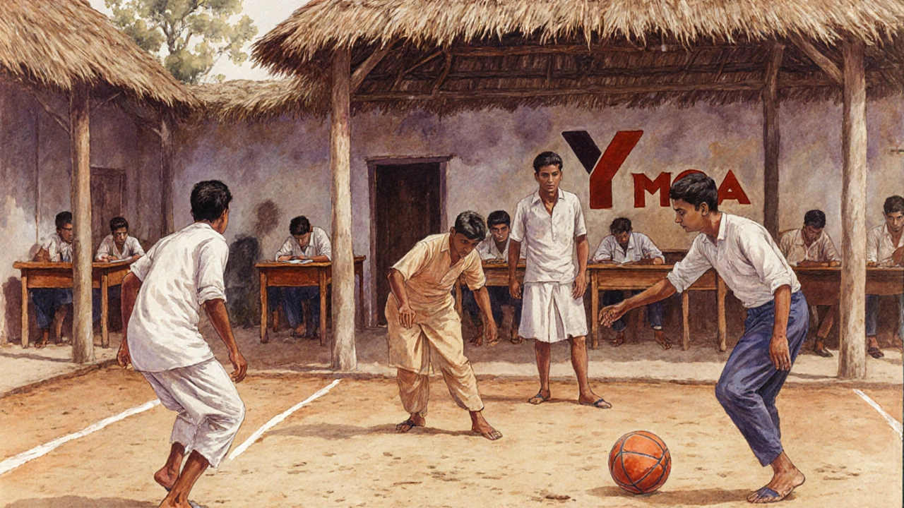 Indian youth playing basketball and studying at a late 1800s YMCA with traditional clothing and thatched roof.