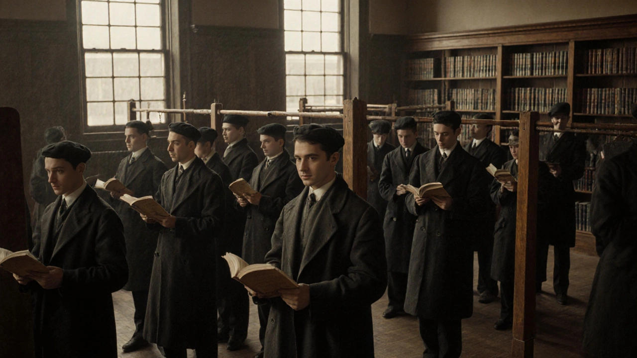 Young men reading and exercising in a 19th-century American YMCA with wooden bookshelves and gym equipment.