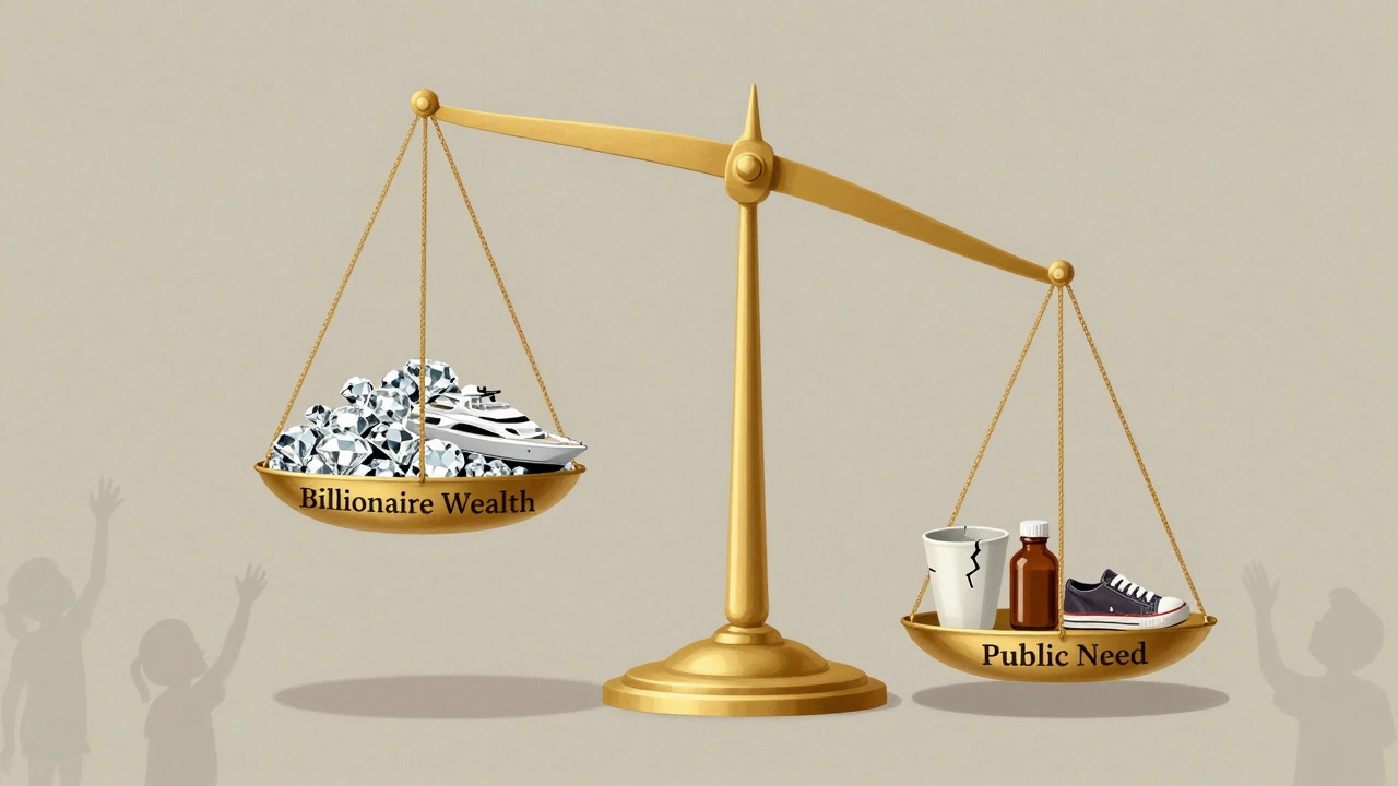 A golden scale tilts under billionaire wealth, leaving public needs like food and medicine unbalanced.