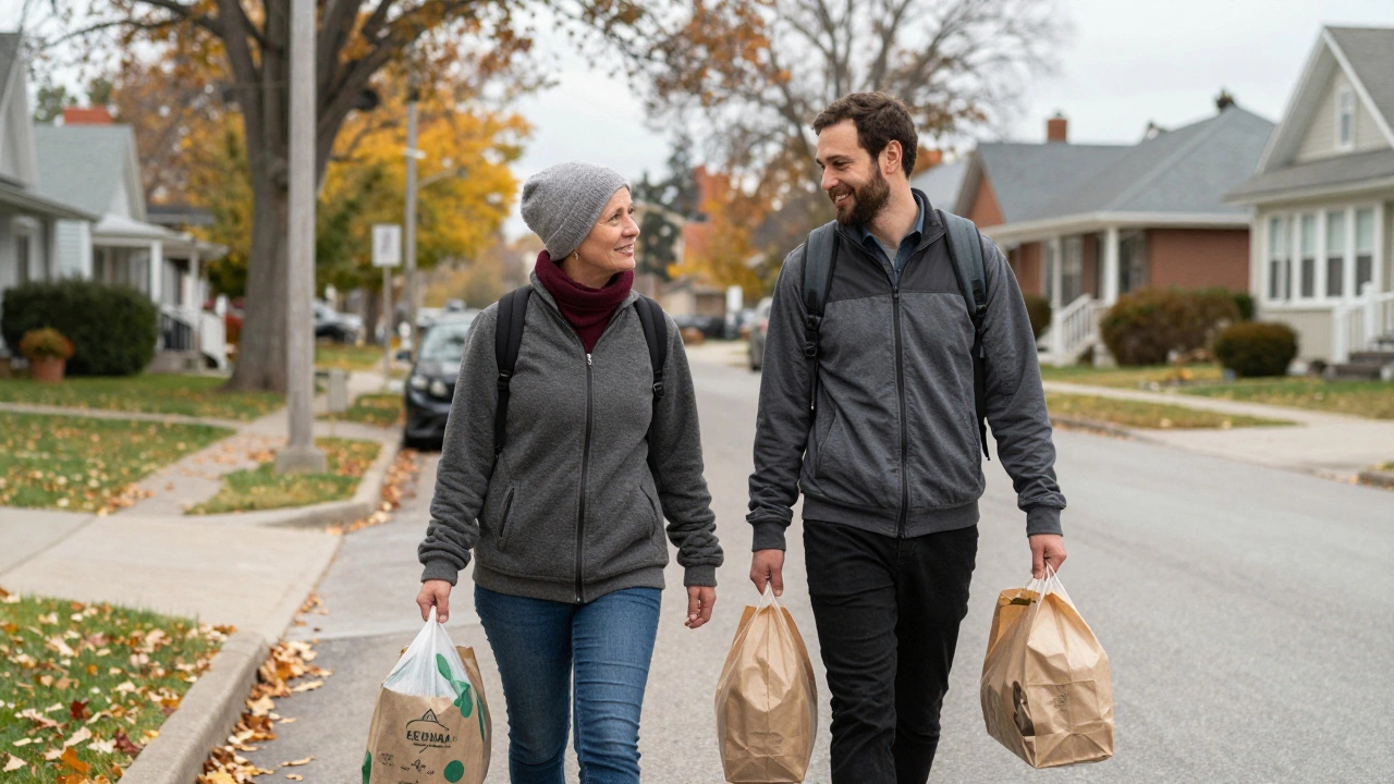 A peer support specialist and former homeless person walk together carrying groceries in a quiet neighborhood.