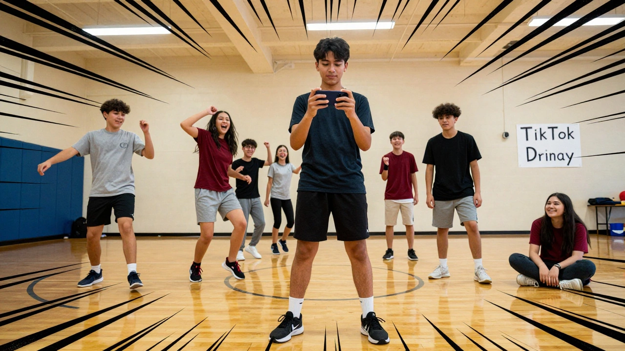 A student leads peers in a playful TikTok dance session, everyone moving joyfully in a school gym.