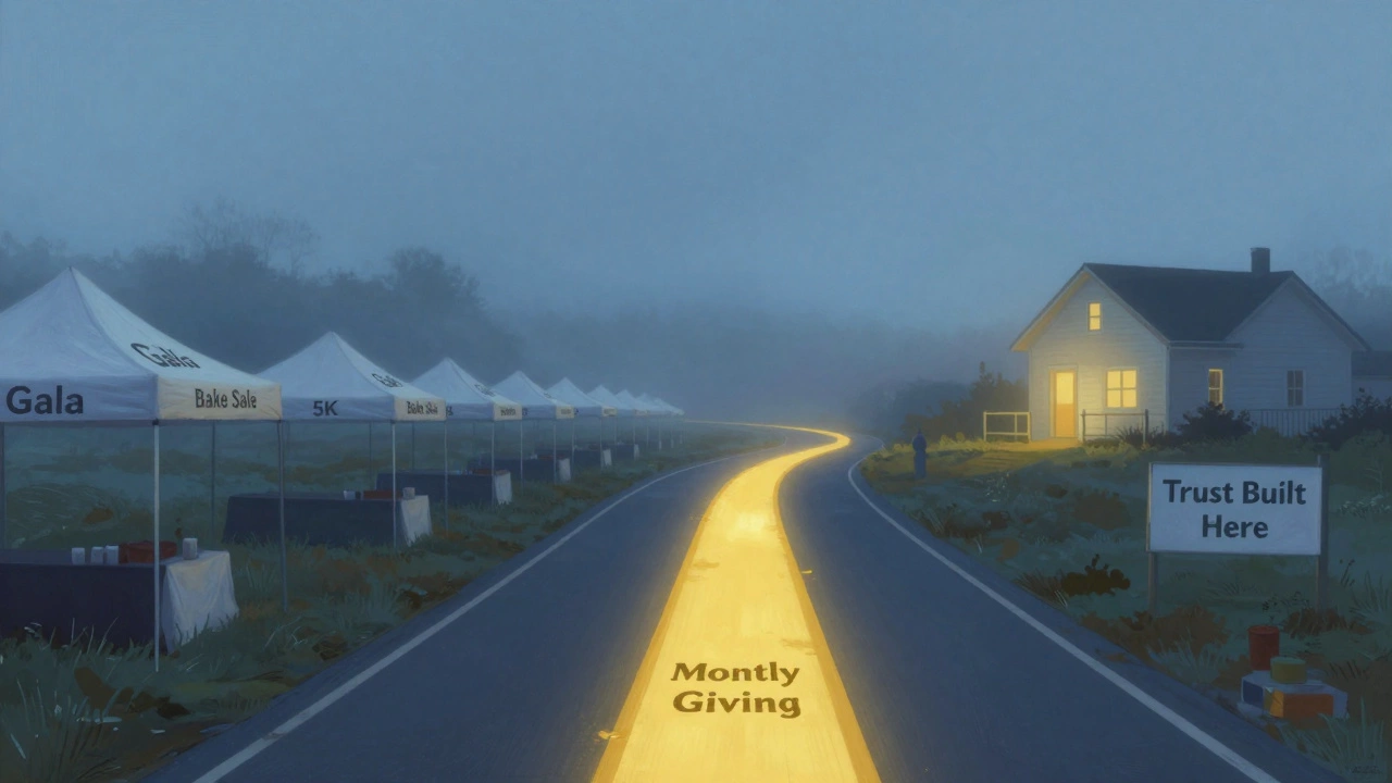 A symbolic road filled with fading fundraising events leading to a quiet path labeled &#039;Monthly Giving&#039;.