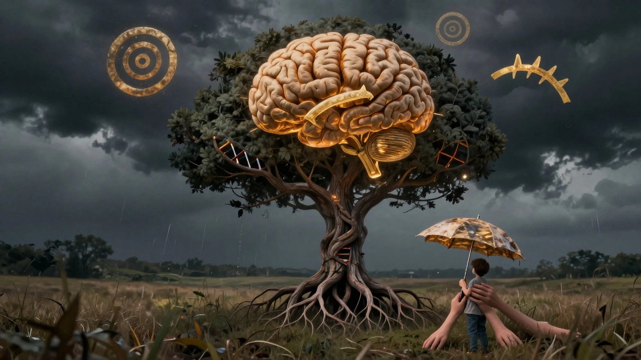 A tree with DNA roots and brain-like branches under stormy skies, protected by hands holding an umbrella.